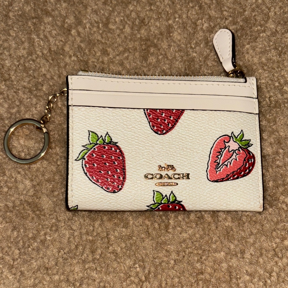 Coach White and Red Strawberry Card Holder Wallet